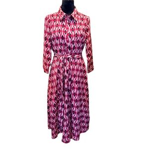 Pink Red Black Graphic Geometric Belted Midi Dress Shirt dress Size Large